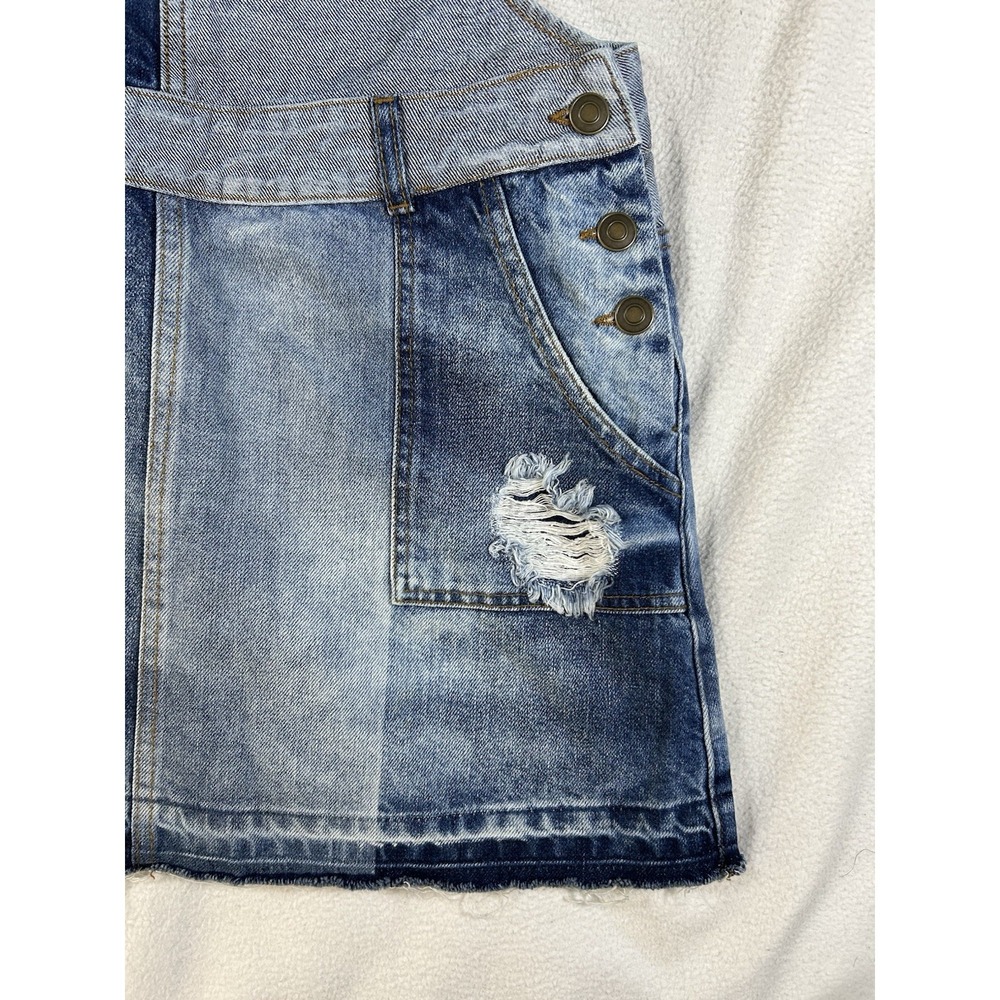 Free People Patchwork Denim Overalls Dress Mini Frayed Hem Blue Western Size 12 - Picture 2 of 7